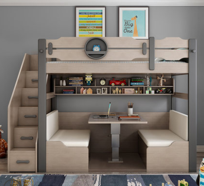 【Furniture】Upper and lower desk and bed all-in-one bunk bed combination