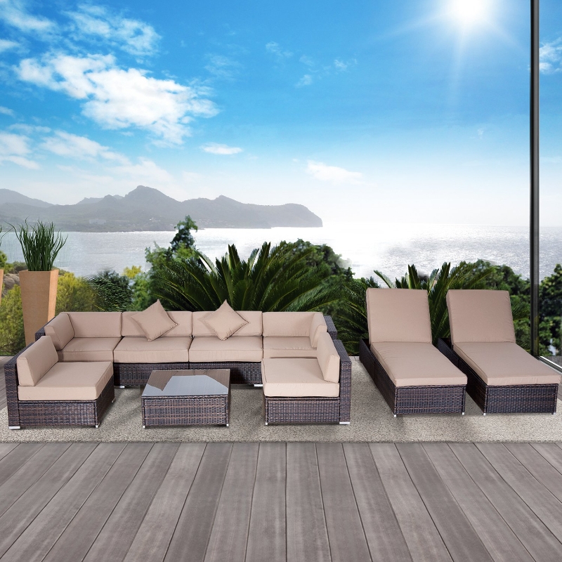 【Furniture】9 PCS Patio Outdoor Furniture Sets, Sectional Manual Weaving Wicker Conversation Sofa Set