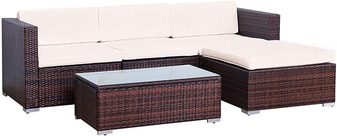 EVRE California Brown Outdoor Rattan Garden Furniture Conversation Set with Handwoven PE Wicker Sectional Sofa Glass Top Table Cushions for Patio Deck Conservatory