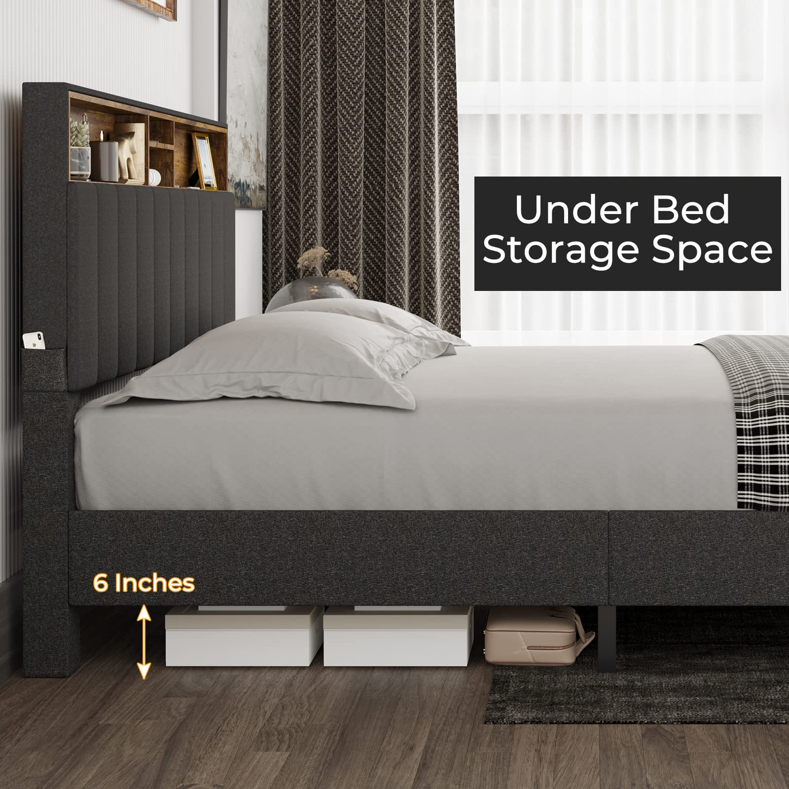 【Furniture】Queen Bed Frame with USB Ports and Outlets, Upholstered Platform Bed with Storage Headboard