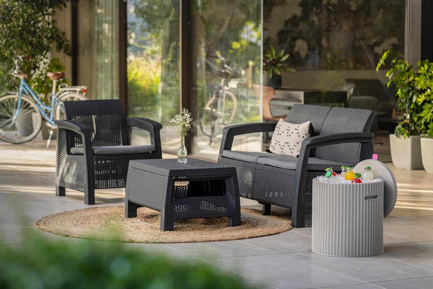 Keter GF06784 Corfu Outdoor 4 Seater Rattan Sofa Furniture Set with Accent Table - Graphite with Cream/Mushroom Cushions