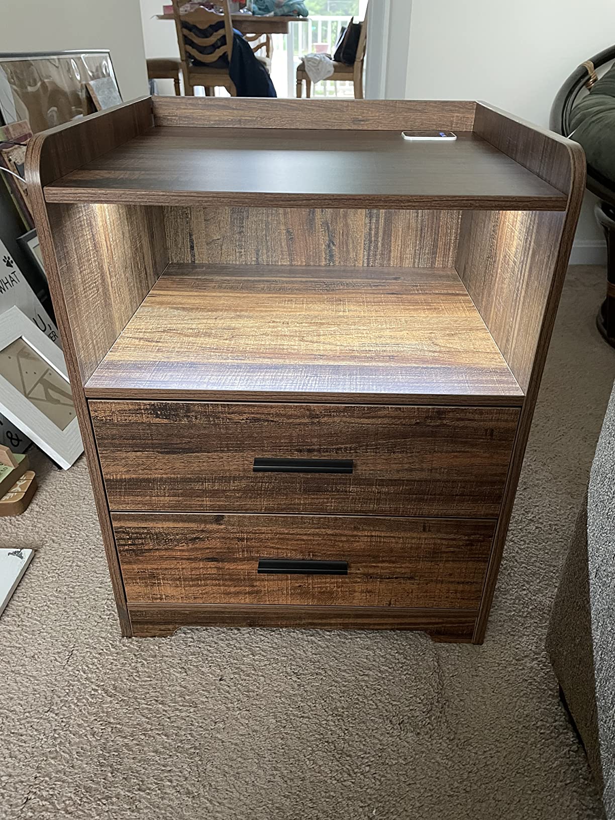 【Furniture】Black Nightstand with Charging Station, Night Stands with 2 Drawers, Smart Nightstand Bedside Table Led