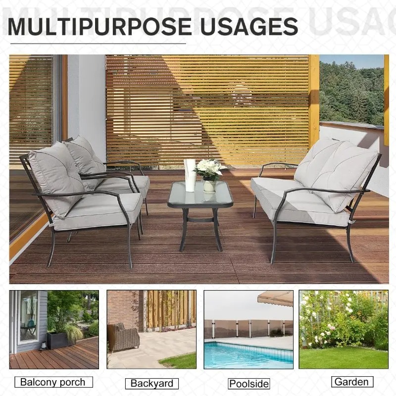 【Home&Garden】Outsunny 4 Pcs Metal Frame Garden Chatting Set w Sofa 2 Chairs Glass Top Table Foam Cushions