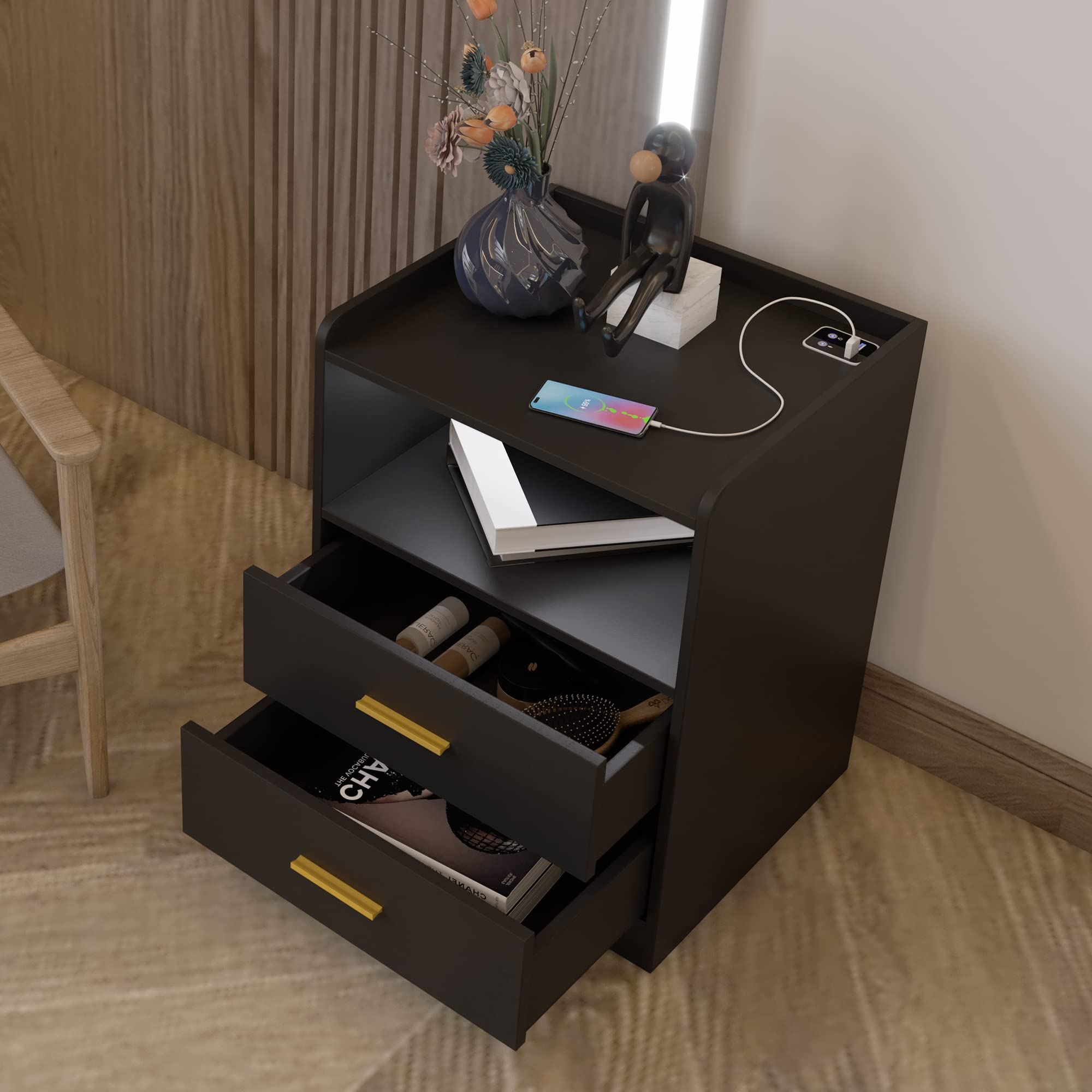 【Furniture】Black Nightstand with Charging Station, Night Stands with 2 Drawers, Smart Nightstand Bedside Table Led