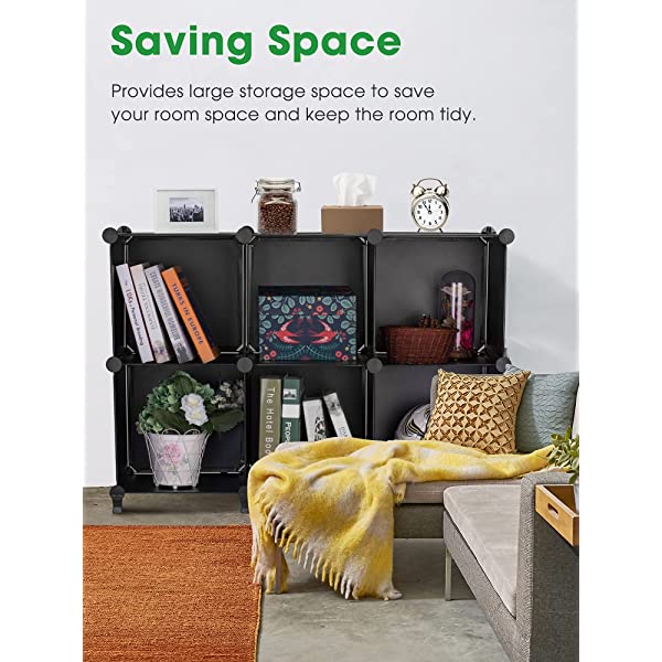 Puroma Cube Storage Organizer 6-Cube Closet Storage Shelves with Wooden Mallet DIY Closet Cabinet Bookshelf Plastic Square Organizer Shelving for Home, Office, Bedroom - Black Black Medium