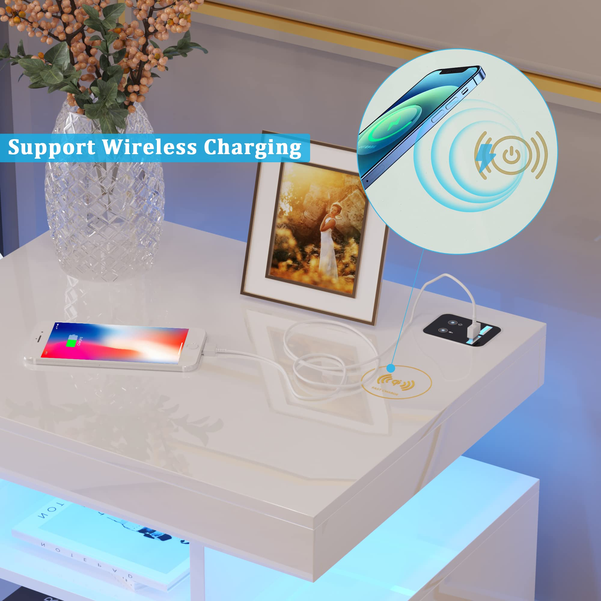 【Furniture】LED White Nightstand with 3 Colors Adjustable 2 USB Ports and Wireless Charging Station, High Gloss Nightstand with 2 Drawers