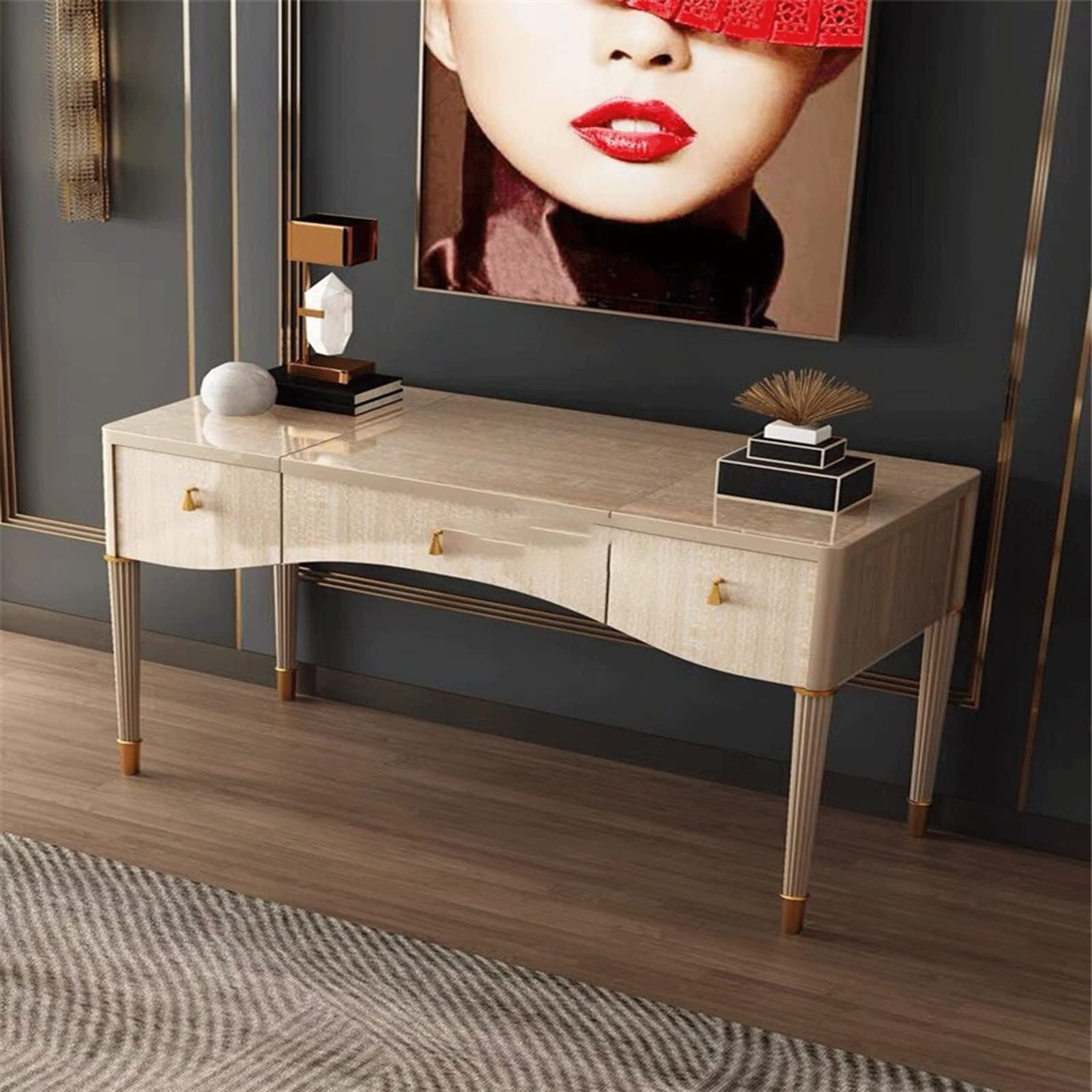 【Furniture】Vanity Sesk with Mirror & Lights Light Luxury Solid Wood Dressing Table Modern Minimalist