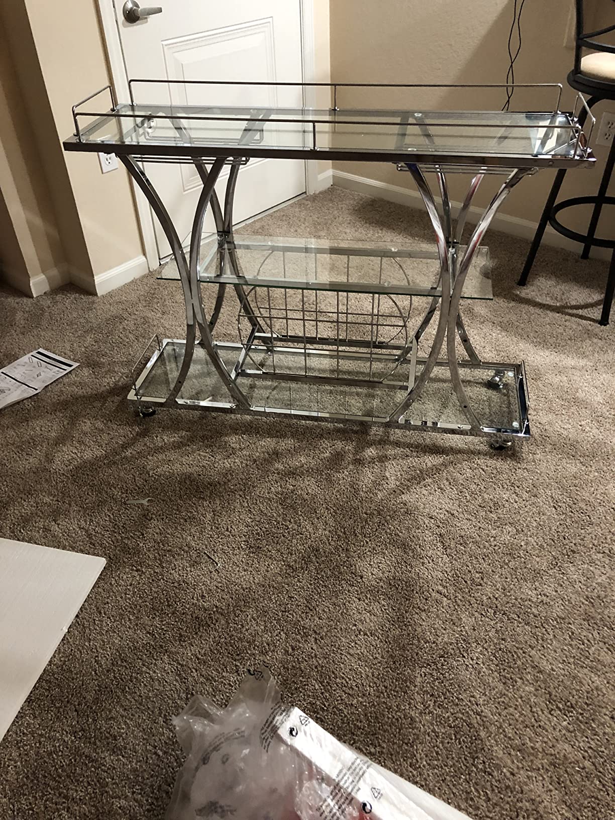 【Furniture】Bar Serving Cart with Glass Holder and Wine Rack, 3-Tier Kitchen Trolley, Mobile Wine Cart for Home