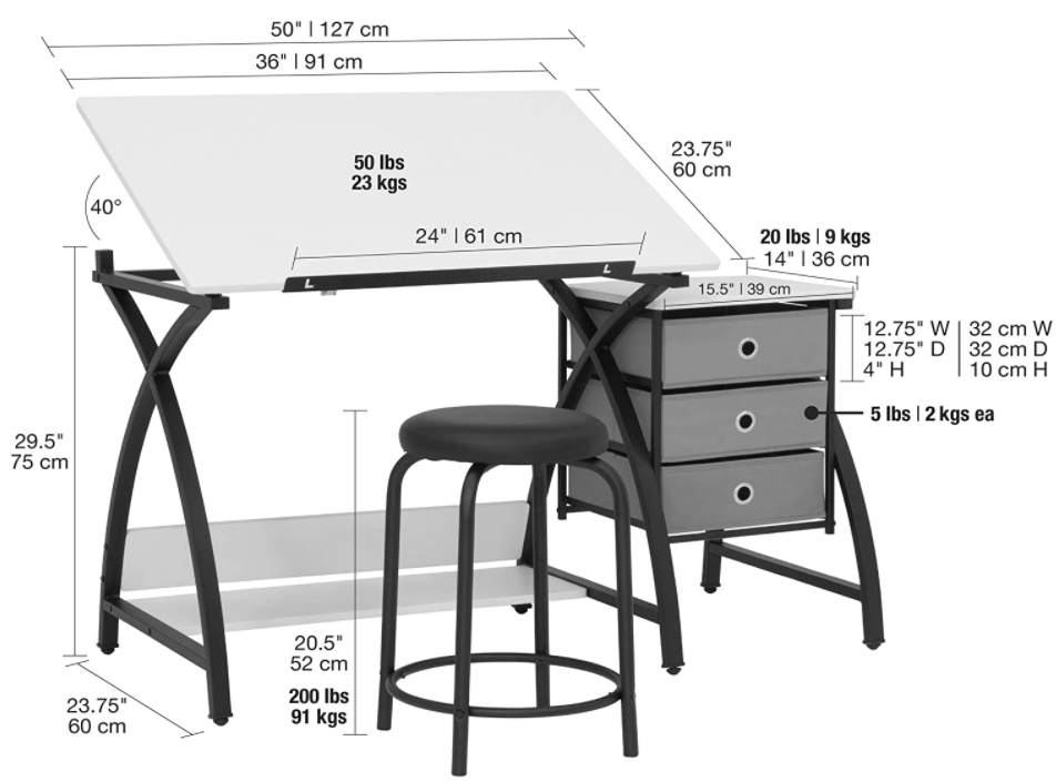 SD STUDIO DESIGNS 2 Piece Comet Craft Table | Angle Adjustable Top and Stool | Black/White
