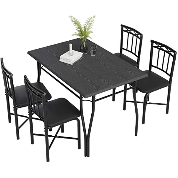 5 Piece Dining Table Set for Dining Room, Kitchen Table and Faux Leather Chairs for 4, Metal Legs, Padded Seat, Black Home Furniture