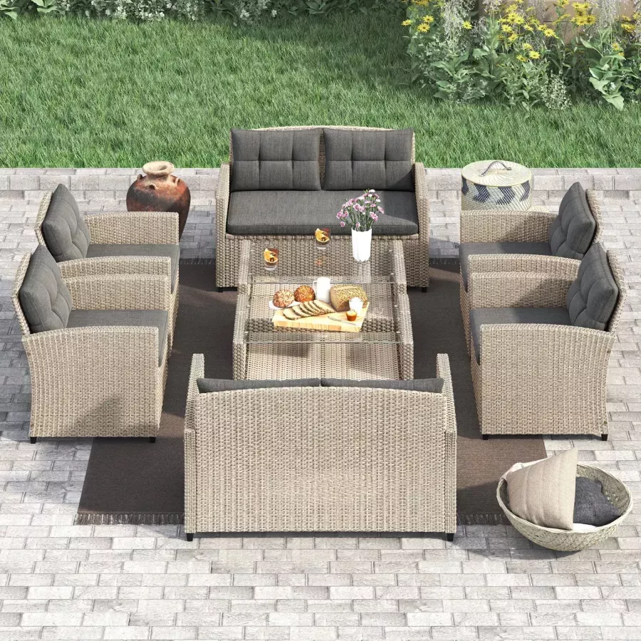 CORVUS ARMITAGE 8 PIECE OUTDOOR WICKER SOFA SET WITH CUSHIONS - LIGHT GREY