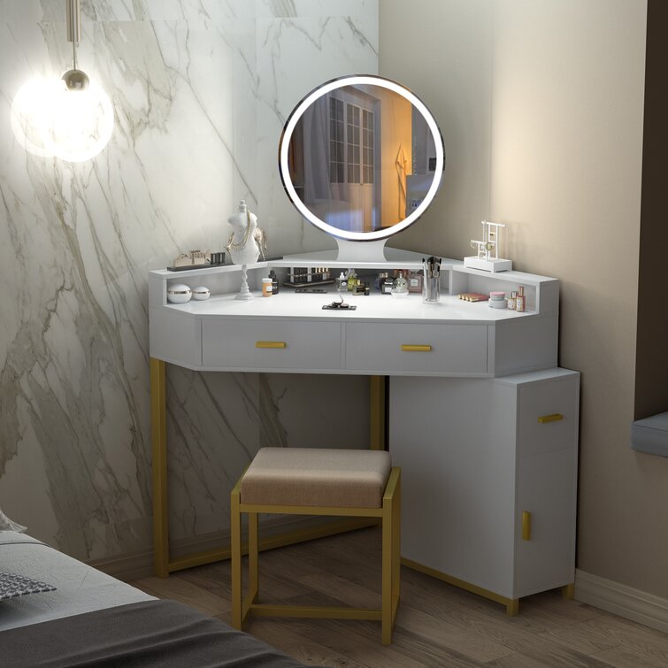 【Furniture】Corner Vanity Set with Lighted Mirror