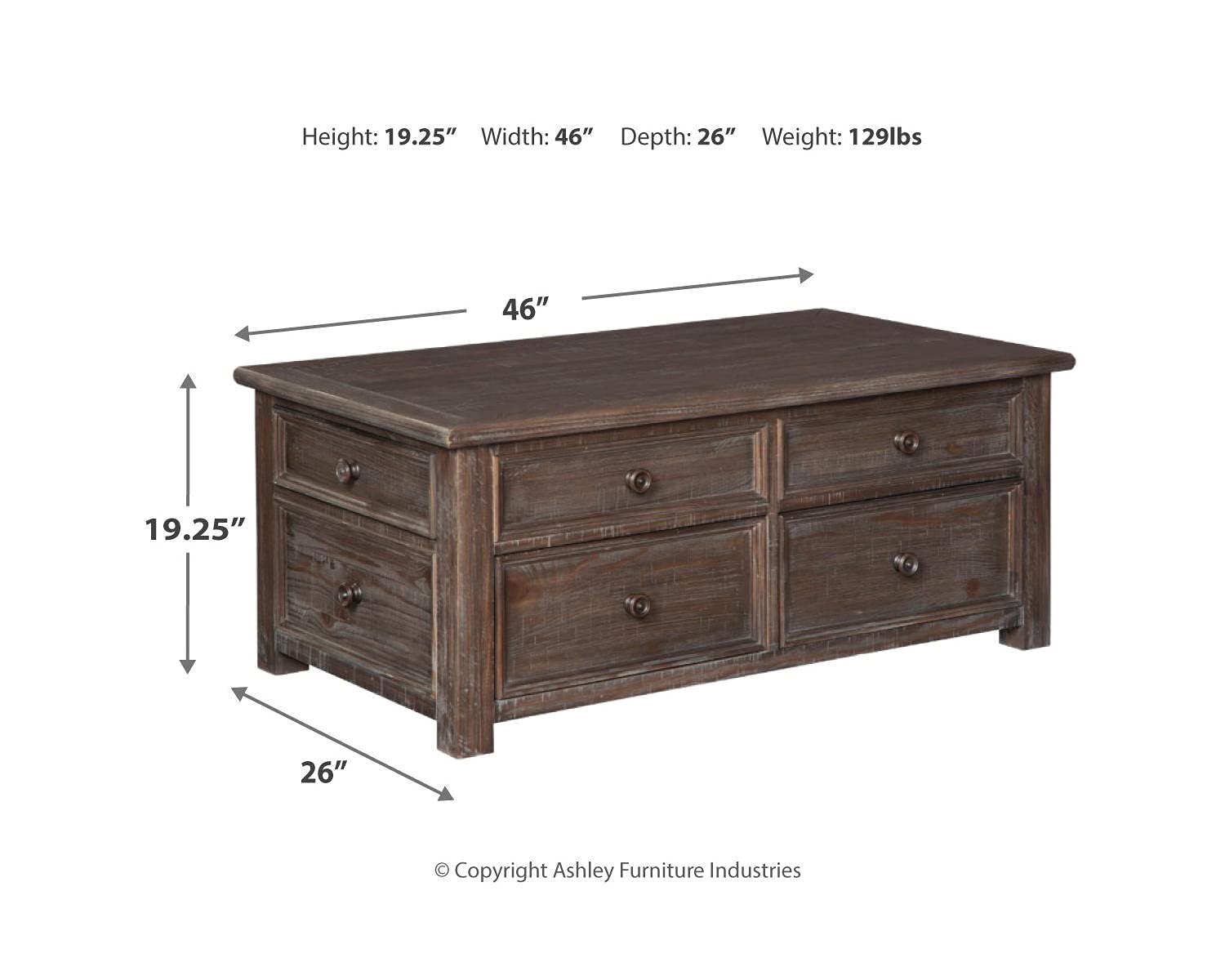 【Furniture】Rustic Rectangular Lift Top Coffee Table with 4 Storage Drawers, Dark Brown with Distressed Finish