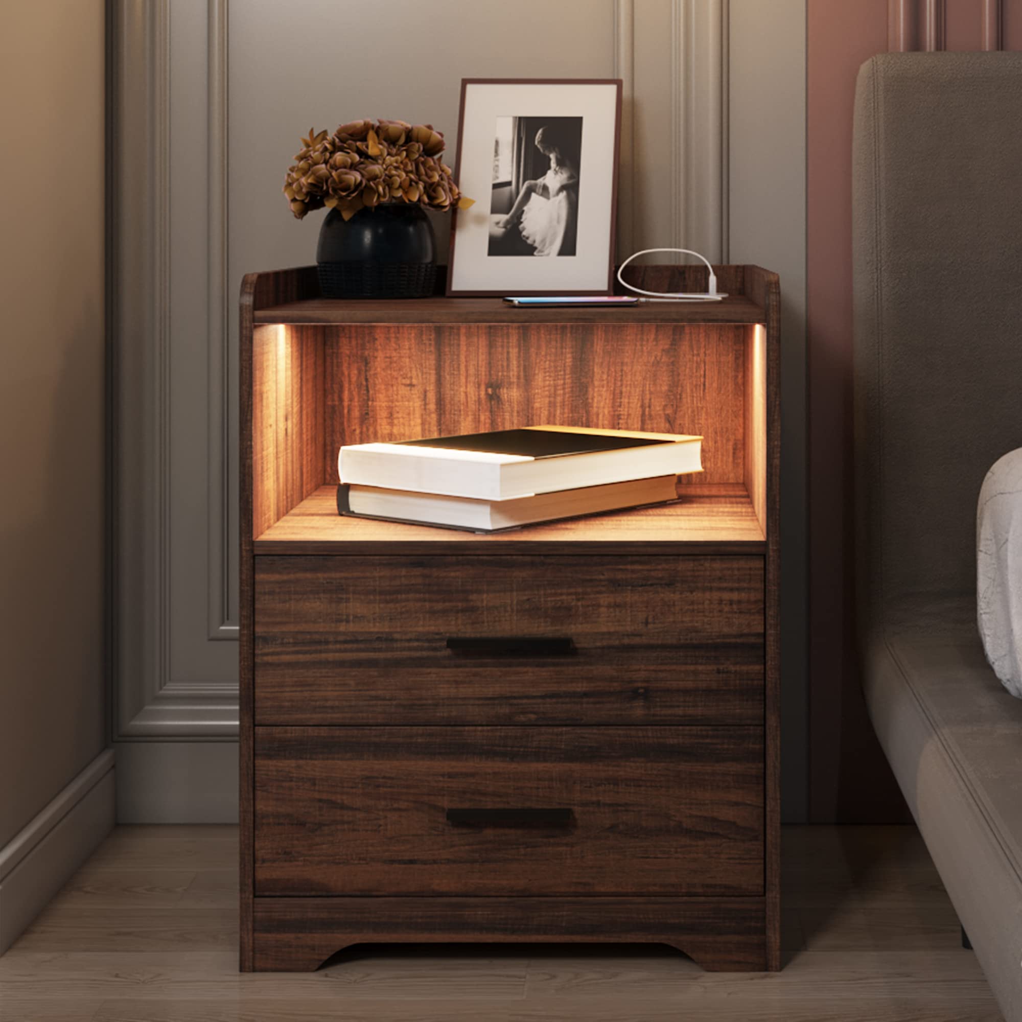 【Furniture】Black Nightstand with Charging Station, Night Stands with 2 Drawers, Smart Nightstand Bedside Table Led