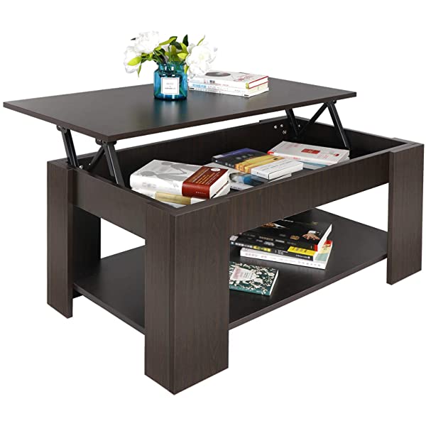SUPER DEAL Lift Top Coffee Table w/Hidden Compartment and Storage Shelves Pop-Up Storage Cocktail Table for Living Room Reception Room Espresso