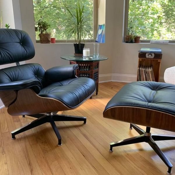 Genuine leather dining table with ottoman, classic mid-century lounge chair