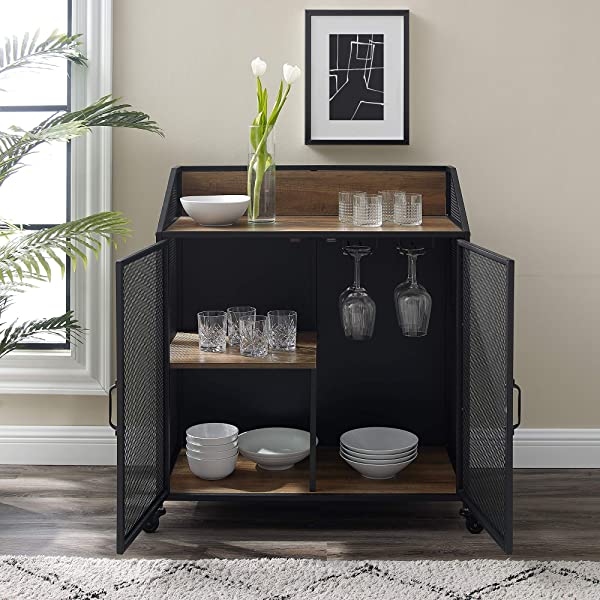 Walker Edison Malcomb Urban Industrial Metal Mesh Double Door Rolling Bar Cabinet, 33 Inch, Rustic Oak Rustic Oak 33 Inch