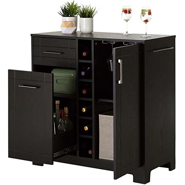 South Shore Bar Cabinet with Bottle and Glass Storage, Black Oak Black Oak Bar Cabinet