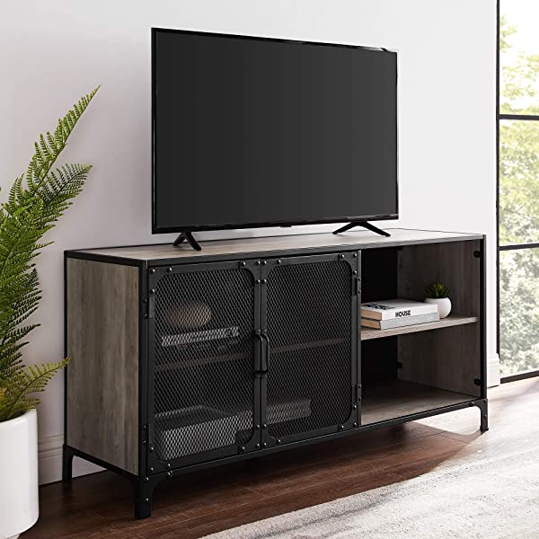 Walker Edison Malcomb Urban Industrial Metal Mesh Double Door Rolling Bar Cabinet, 33 Inch, Rustic Oak Rustic Oak 33 Inch