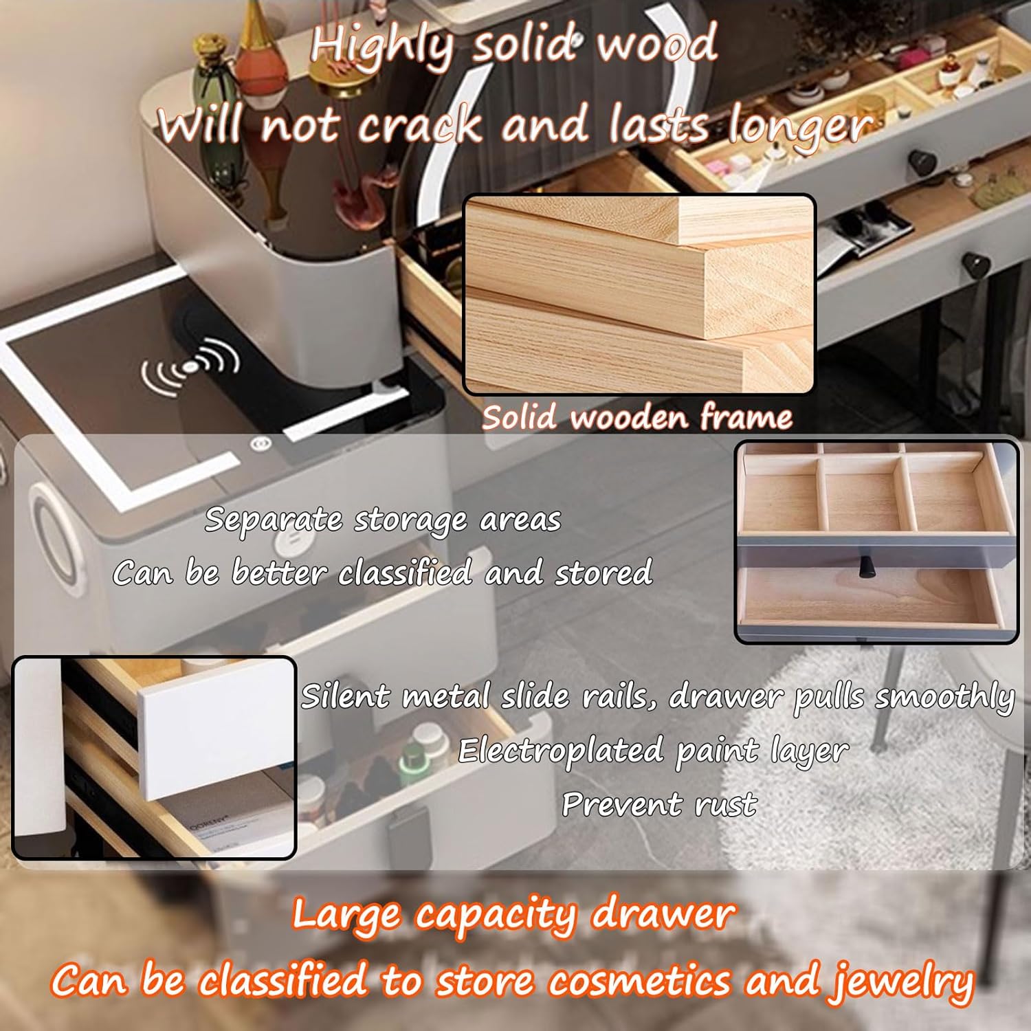 GOOCOO Dressing Table - Makeup Vanity Desk with Wireless Charging Station and Bluetooth Speaker - Vanity Set Contains Makeup Mirror, 5 Drawers and Makeup Stool for Bedroom