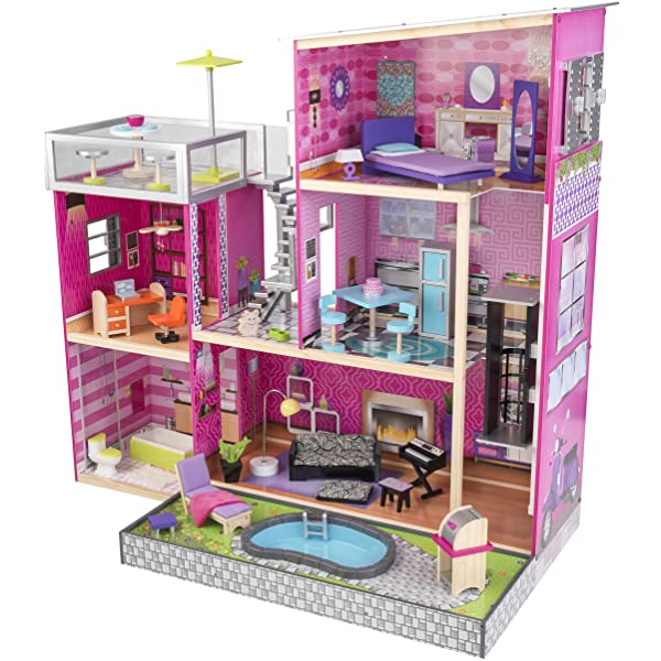 Wooden Modern Dollhouse with Lights & Sounds, Pool and 36 Accessories, Gift for Ages 3+ 49.25