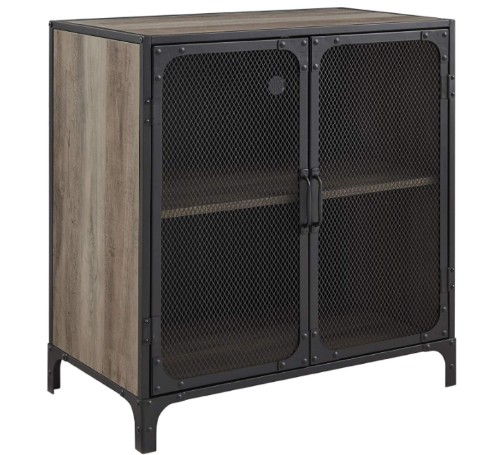 Walker Edison Malcomb industrial metal mesh storage cabinet with 2 doors, 76.2 cm, grey wash