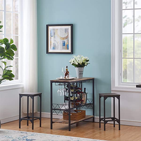 O&K FURNITURE Industrial Wine Rack Table with Glass Holder, Wine Bar Cabinet with Storage, Brown