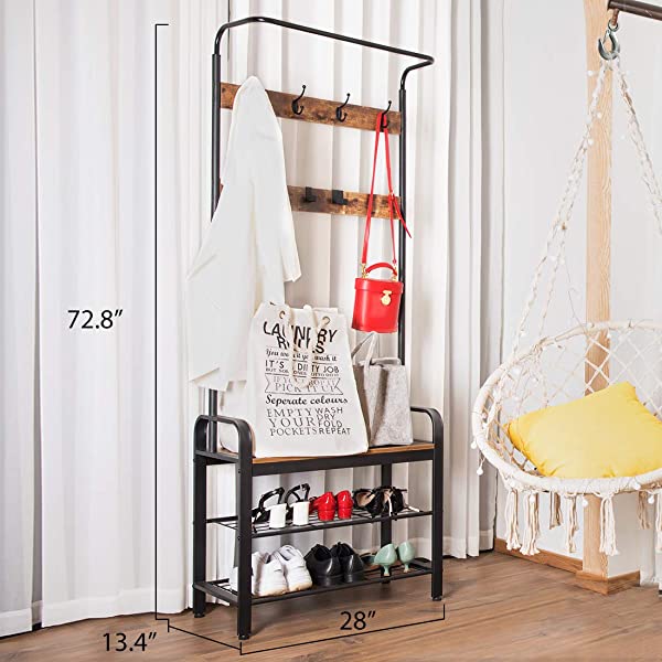 VIVOHOME 3-in-1 Entryway Hall Tree, Heavy Duty MDF Stand Coat Rack with Storage Bench, Industrial Wood Furniture with Stable Metal Frame, 8 Hooks Rustic Brown