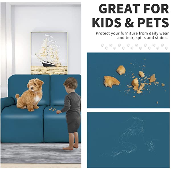 Easy-Going PU Leather Recliner Sofa Slipcovers, Waterproof Stretch Sofa Covers, 8 Pieces Stretch Furniture Protector, Elastic Strap Shield Pets Kids Children Cats Dogs Beige