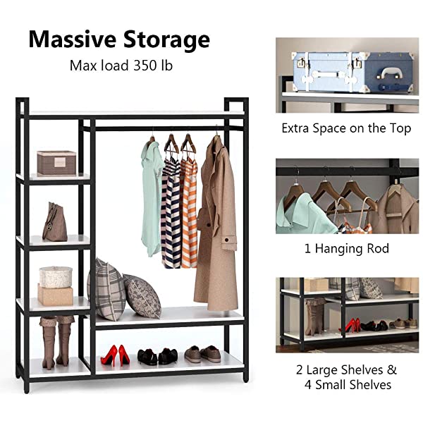 LITTLE TREE Free-Standing Closet Organizer, Heavy Duty Clothes Closet, Portable Garment Rack with 6 Shelves and Hanging Rod, Black Metal Frame&Rustic Board Finish Vingte &Black