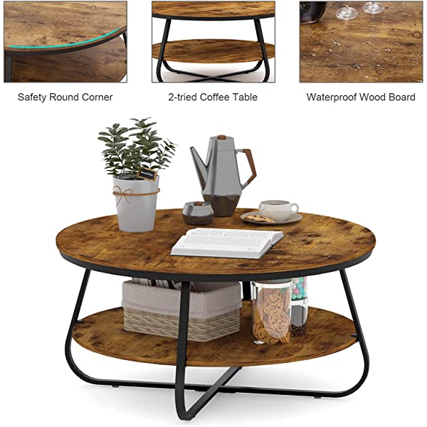 Elephance Round Coffee Table with Storage, 35.8 Inch Rustic Wood Coffee Table with Strong Metal Frame for Living Room, Dining Room, Cocktail Table, Round Sofa Table (Almond)