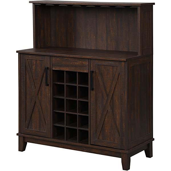 Bar Cabinet with Wine Rack and Glass Doors (Grey wash- Solid)