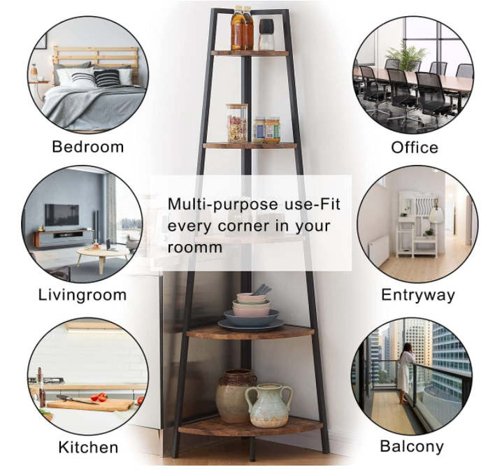 OIAHOMY Corner Shelf 70 Inch Tall Bookcase 5- Tier Industrial Corner Bookshelf Corner Ladder Shelf Small Bookshelf Rustic Plant Stand Rack Freestanding -Rustic Brown