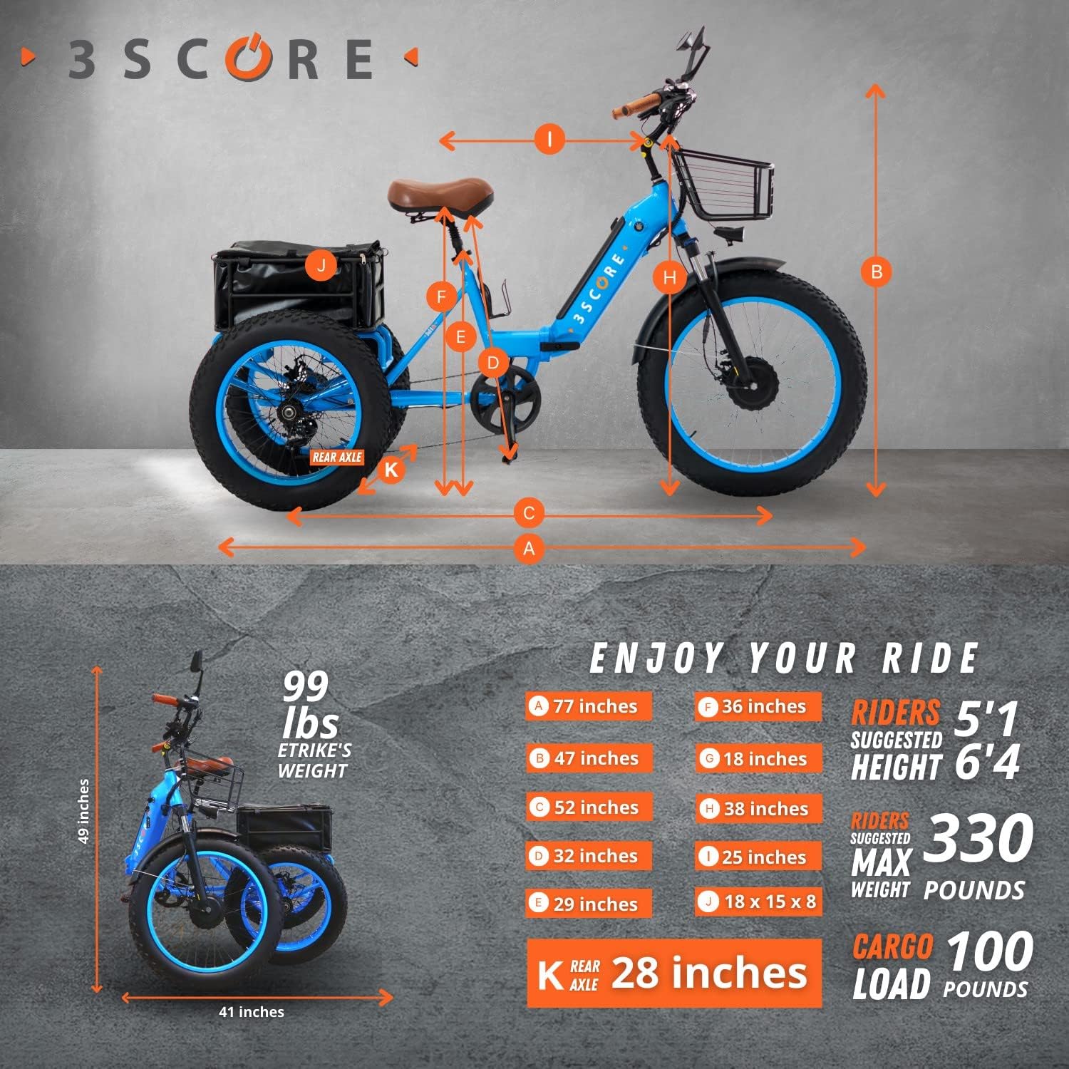 Electric Fat Trike 750W Motor and 48V Lithium Rechargeable Battery - Etrike 24 Inch Fat Tire - Foldable Electric Cruiser Tricycle