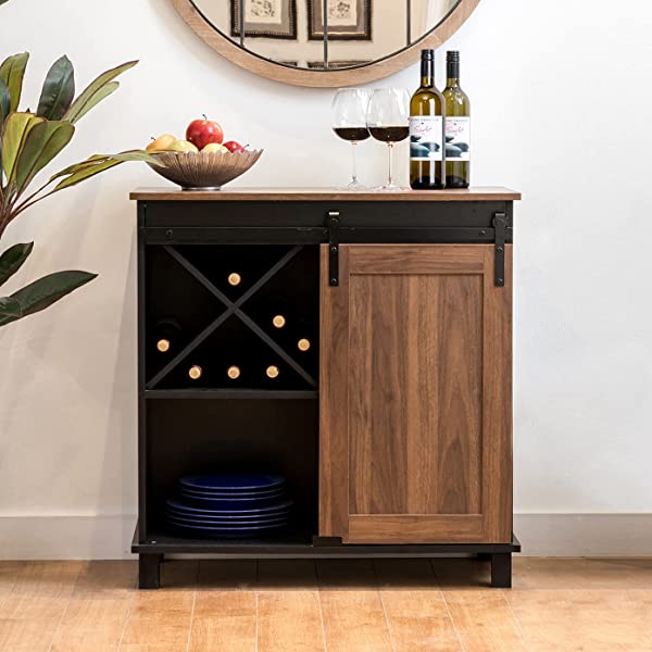 Glitzhome Wood Rustic Wine Cabinet 2-Sections Bar Cabinet with Wine Storage 31.5”L Sideboard Table with Drawers Wood Sideboard with Wine Display for Kitchen Dining Room 2 piece