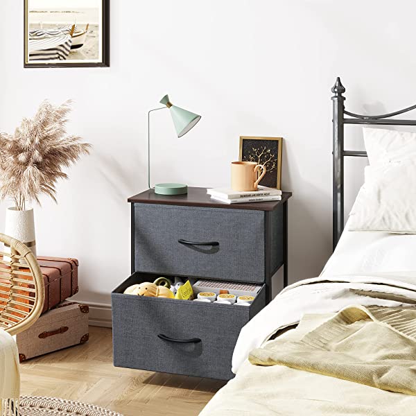 WLIVE Nightstand with 2 Fabric Drawers, Bedside Furniture & End Table Dresser for Bedroom, Living Room, Steel Frame, Wood Top, Easy Pull Handle Charcoal Gray