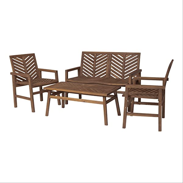 Walker Edison 5 Person Outdoor Wood Chevron Patio Furniture Dining Set Table Chairs Bench All Weather Backyard Conversation Garden Poolside Balcony, 4 Piece, Brown Brown 4 Piece Dining Set