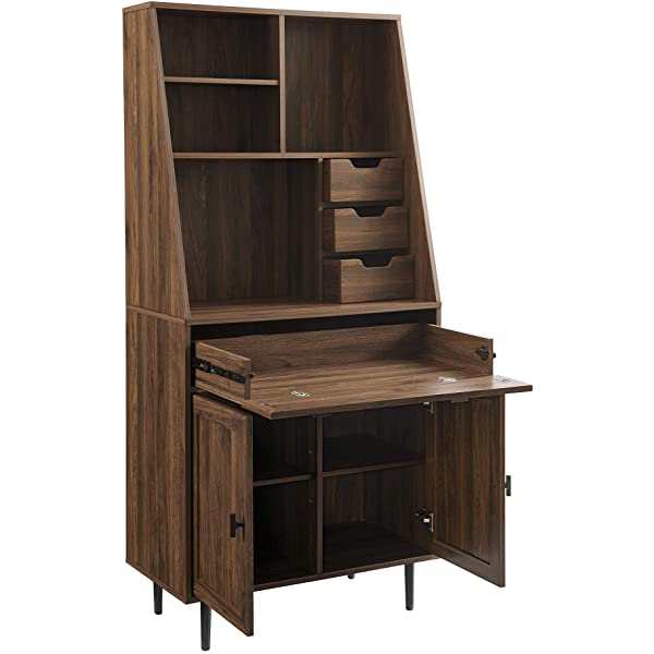 Walker Edison Secretary Hutch Wood Desk with Keyboard Drawer Bookshelf Storage Home Office Storage Cabinet, 64 Inch, Dark Walnut Dark Walnut Desk