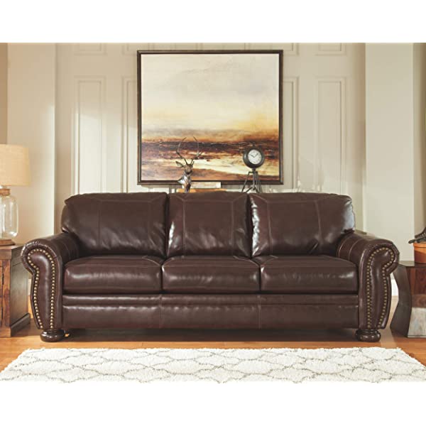 Signature Design by Ashley - Banner Traditional Style Faux Leather Loveseat w/ Nailhead Trim, Coffee Brown
