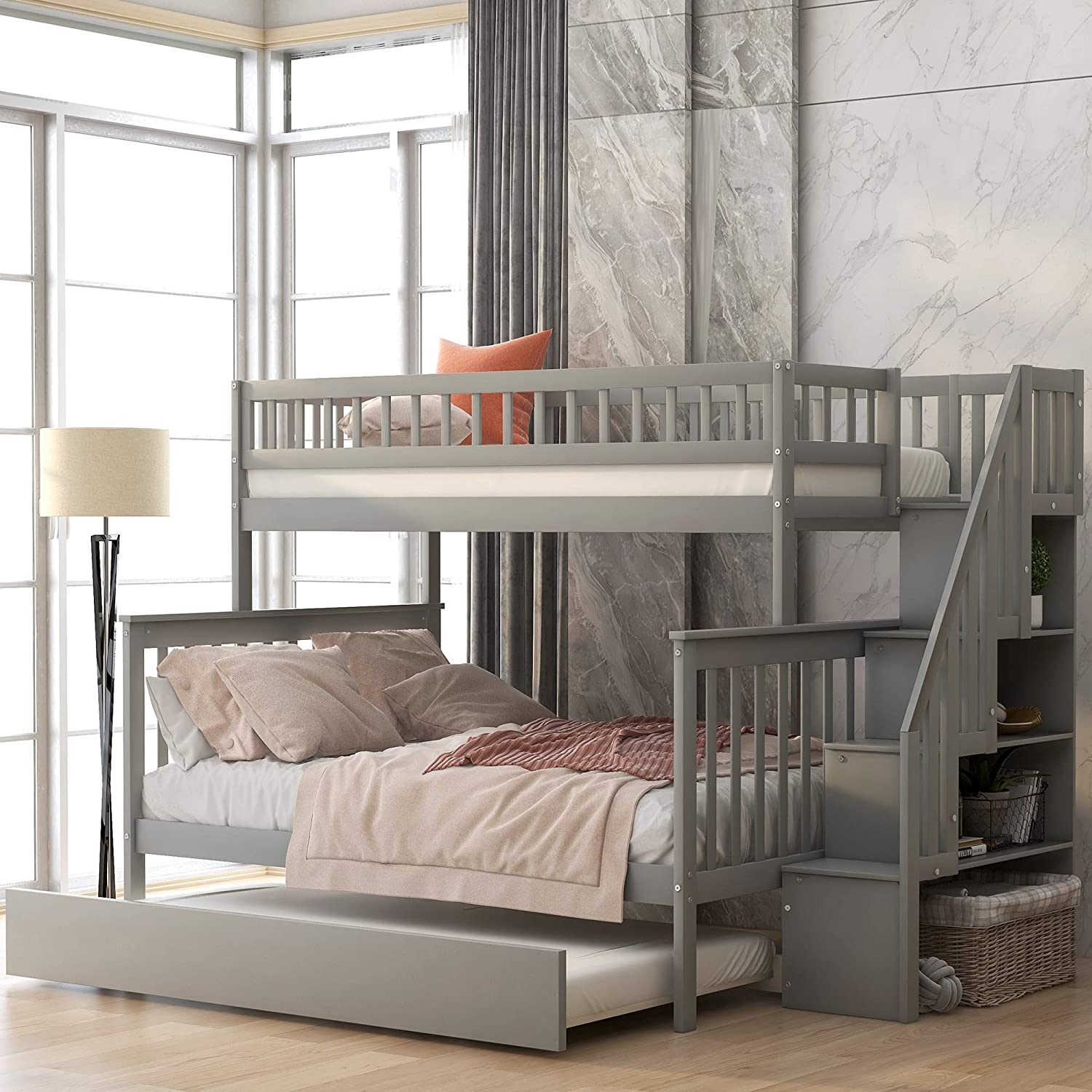 Double bunk bed with stairs, solid wood bunk bed with casters and storage drawers, bunk bed with stairs