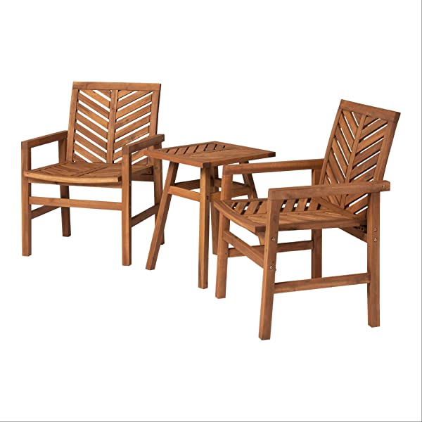 Walker Edison 5 Person Outdoor Wood Chevron Patio Furniture Dining Set Table Chairs Bench All Weather Backyard Conversation Garden Poolside Balcony, 4 Piece, Brown Brown 4 Piece Dining Set