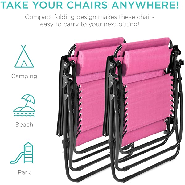 Best Choice Products Set of 2 Adjustable Steel Mesh Zero Gravity Lounge Chair Recliners w/Pillows and Cup Holder Trays - Burgundy