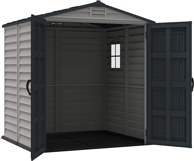 Duramax StoreMate PLUS 6 x 6 (3.65 m2) Plastic Garden Shed with Heavy-Duty Plastic Floor & Fixed Window, Strong Metal Roof Structure, Fire Retardant & Maintenance-Free Storage Shed, Dark Grey & Adobe