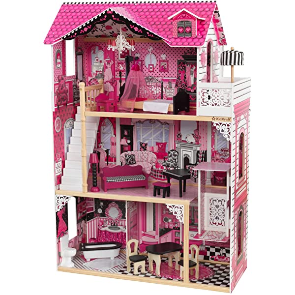 Wooden Dollhouse with Elevator, Balcony and 15-Piece Accessories, Pink, Gift for Ages 3+