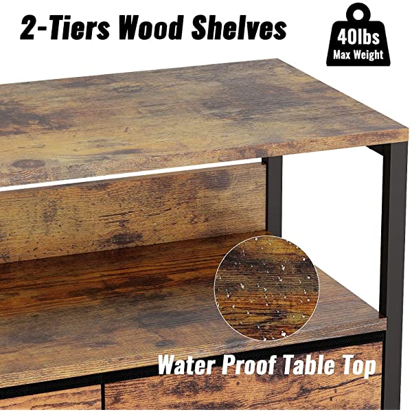 Furologee Nightstand with 3 Drawers, Dresser with Storage Shelf, Bedside Table/Closet Organizer, Rustic Fabric Linen Bins & Wooden Top for Bedroom, Hallway, Hotel (Rustic Brown)