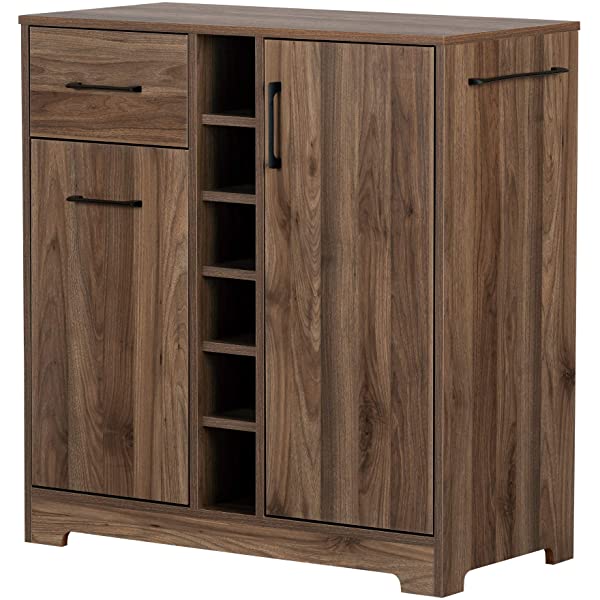 South Shore Bar Cabinet with Bottle and Glass Storage, Black Oak Black Oak Bar Cabinet