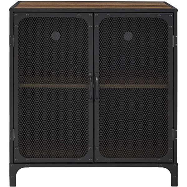 Walker Edison Malcomb Urban Industrial Metal Mesh Double Door Rolling Bar Cabinet, 33 Inch, Rustic Oak Rustic Oak 33 Inch