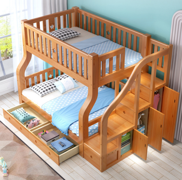 Dylan children's bunk bed with guardrail and ladder, wooden double bed