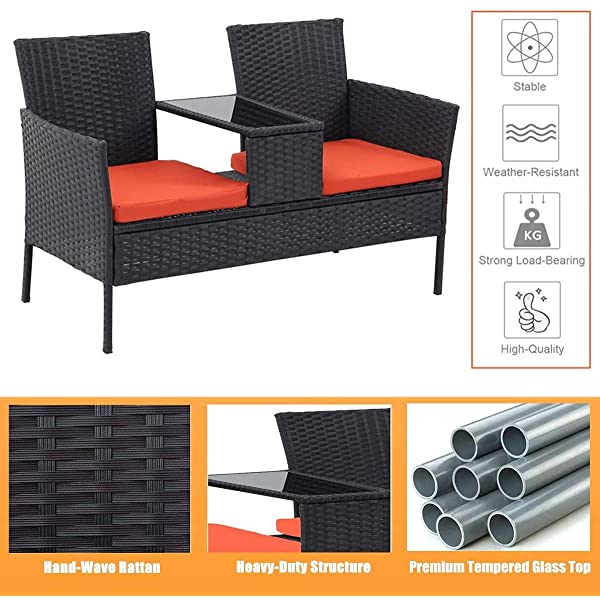 Outdoor Patio Loveseats, Patio Conversation Set with Cushions and Table, Wicker Sofa Set with Built-in Coffee Table, Tempered Glass Top, Modern Rattan Sofas for Garden Lawn Backyard Beige