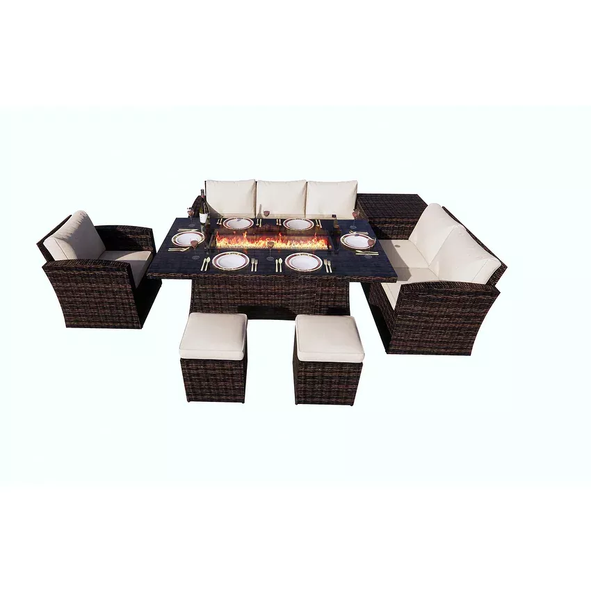 Morden 7-piece Outdoor Wicker Sofa with Fire Pit Table Patio Conversation sofa Set Dining Set